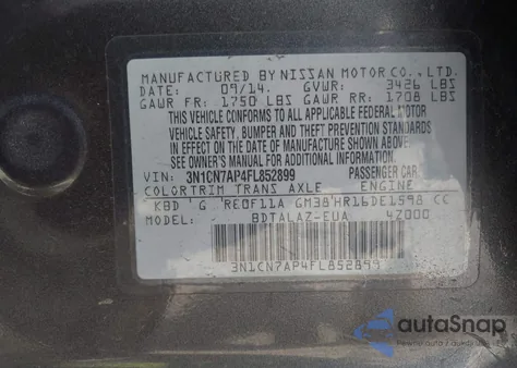 2015 Nissan Versa 1.6 S+ z USA, uszkodzony, nr VIN 3N1CN7AP4FL852899